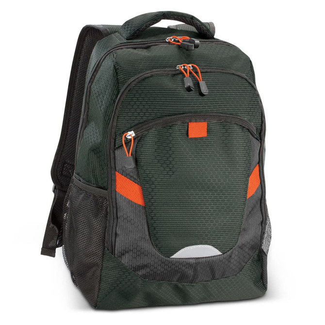 A green and grey backpack featuring orange accents and multiple compartments, with a textured fabric design.