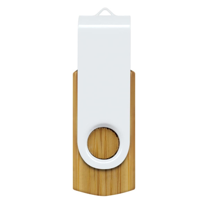 A bamboo flash drive with a white top section, featuring a circular hole for attachment.