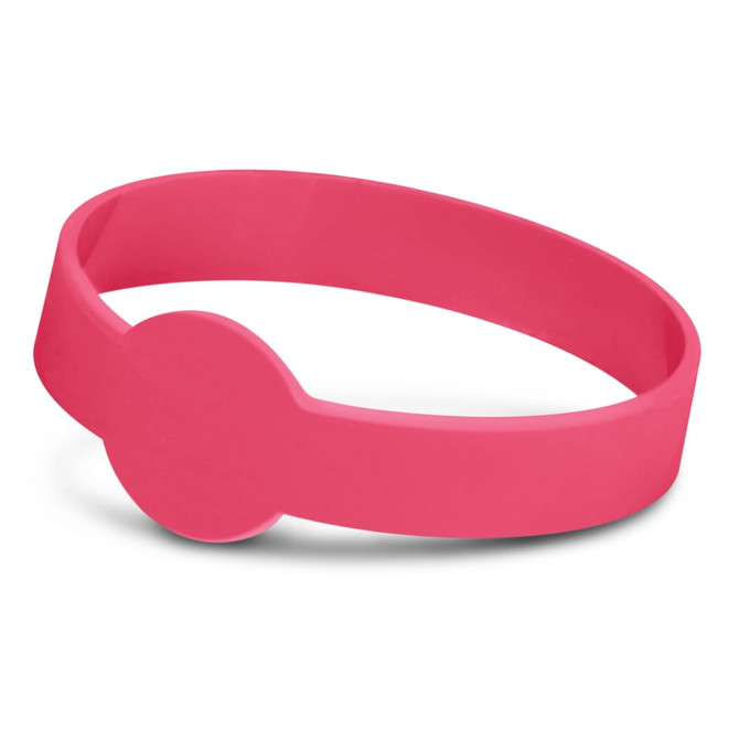 A pink silicone wristband with a debossed design and a rounded feature. It includes a logo.