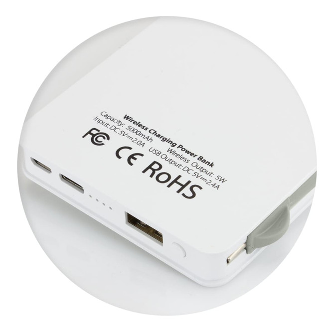 A white wireless charging power bank with USB ports and a branded logo. It features a sleek, compact design.