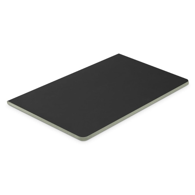A rectangular black notebook with a light green border, featuring a visible logo on the cover.