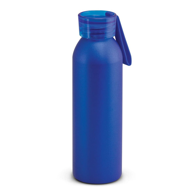 A drink bottle in a deep blue colour with a transparent blue lid and a built-in handle. It features a logo.