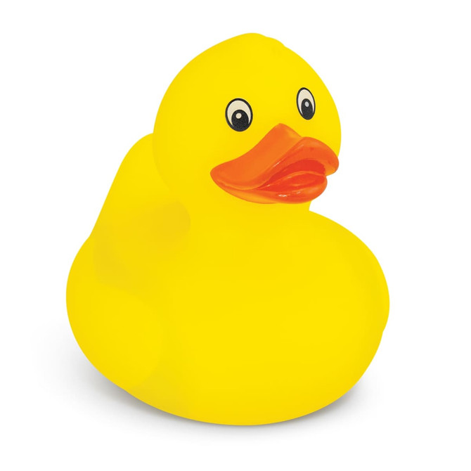 A yellow rubber duck with a bright orange beak and black eyes, featuring a smooth, rounded body.
