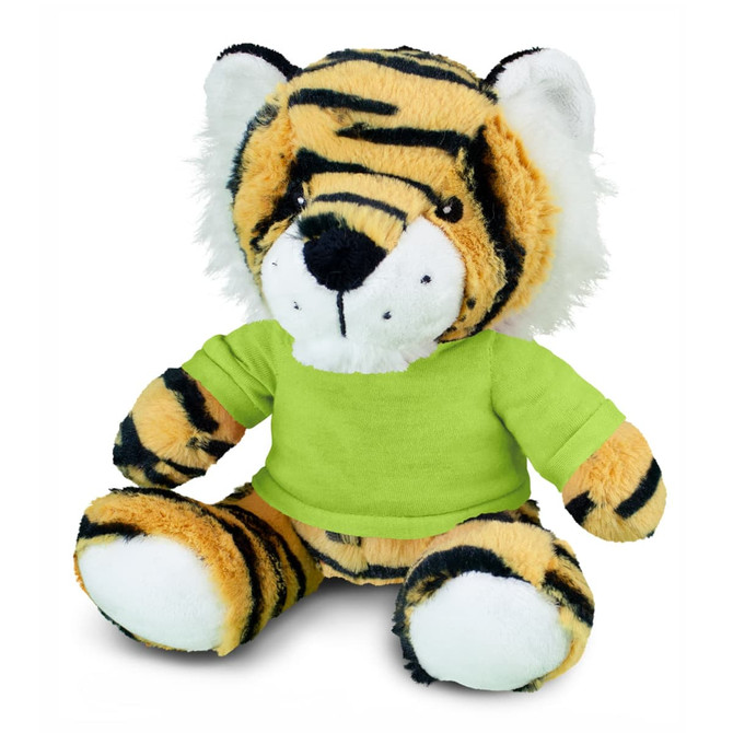 A plush tiger toy with orange and black stripes, wearing a green shirt and featuring a friendly expression.