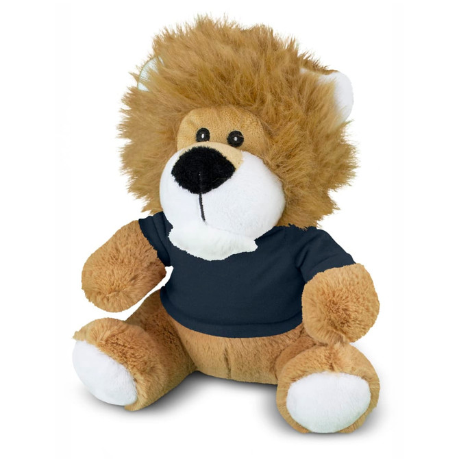 A lion plush toy with a fluffy mane and a navy blue shirt, featuring soft brown and white colours.