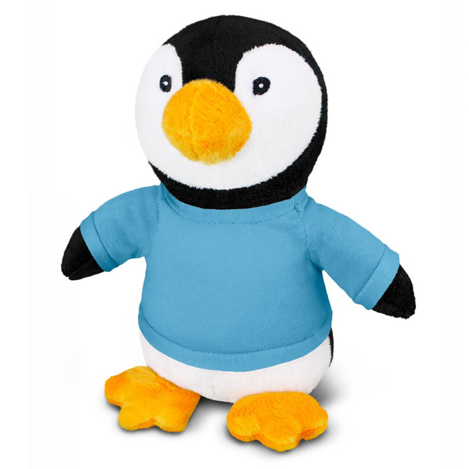 A penguin plush toy featuring black and white fur, orange feet, and wearing a blue shirt. It has a logo on it.