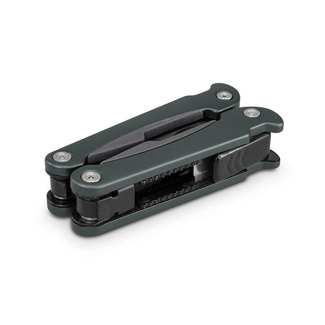 A green multi-tool featuring a compact design with multiple functions, including a foldable mechanism and metal detailing.