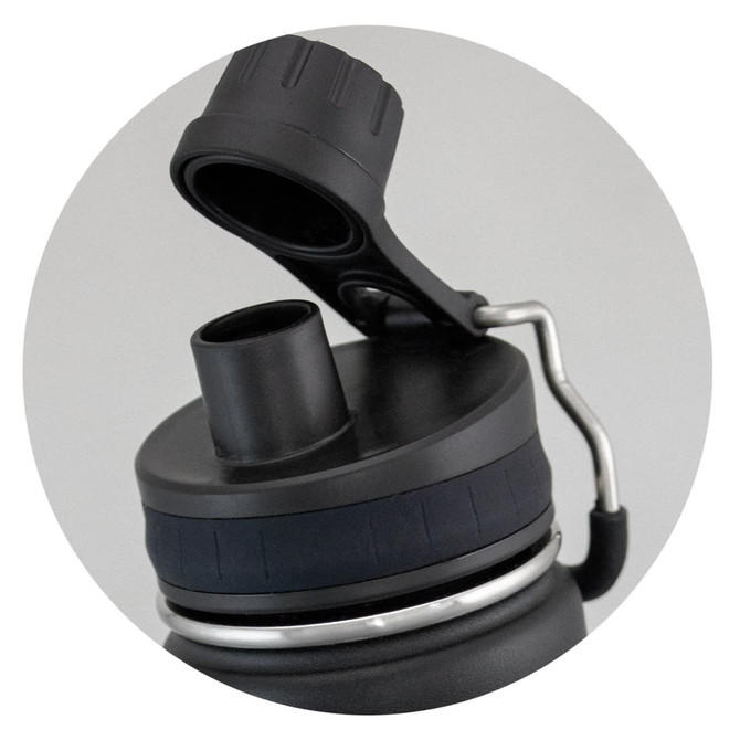 A drink bottle in matte black featuring a screw top and a pull-up spout. It includes a logo on the body.