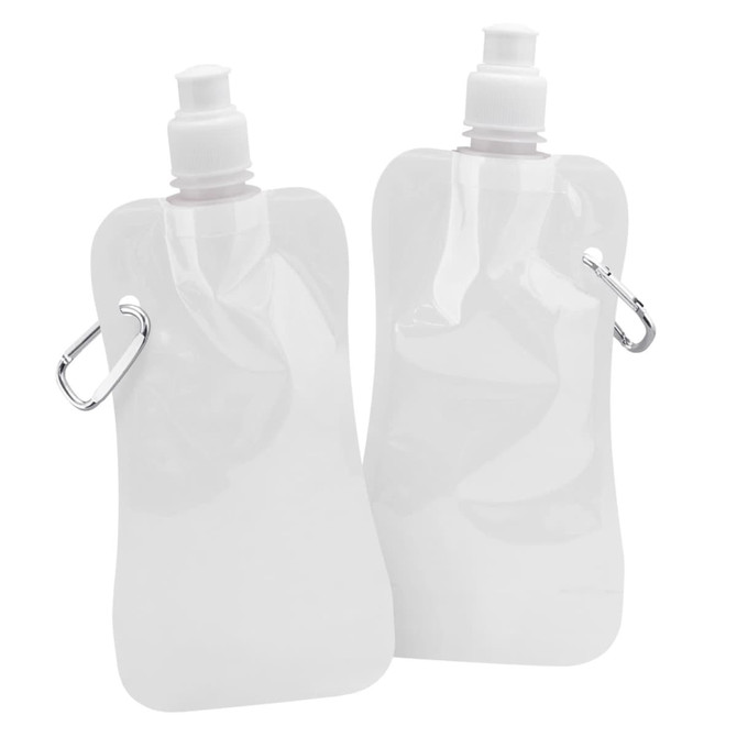 A drink bottle in clear plastic, featuring a removable cap and a metal attachment loop. Two bottles are displayed.