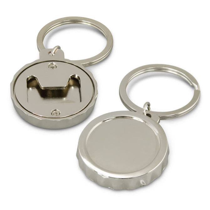 A drink bottle opener key ring in shiny silver, featuring a classic bottle cap design and a keyring attachment.