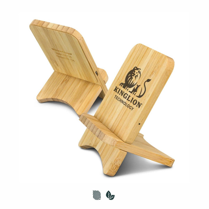 A bamboo wireless charging stand in a natural wood finish with a logo featured on the front.