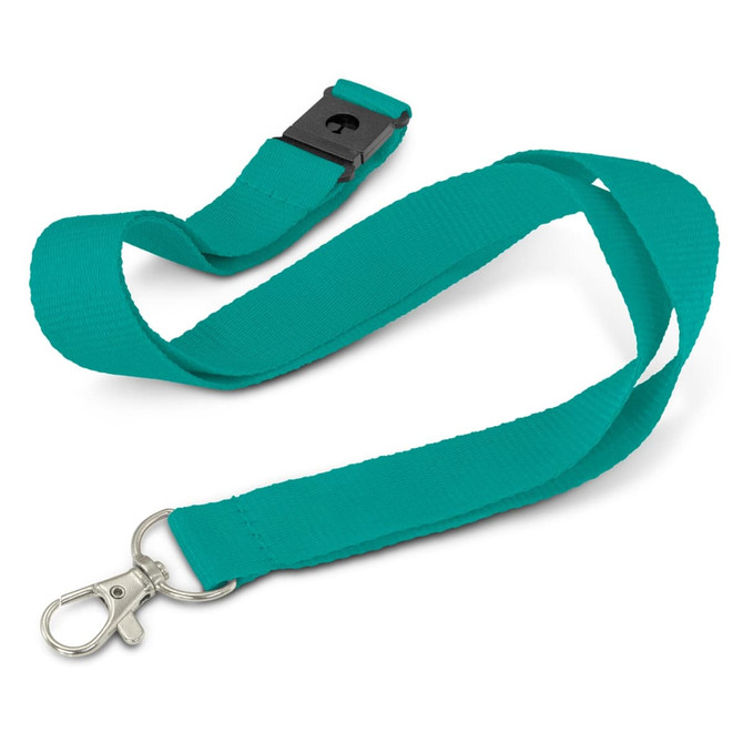 A turquoise lanyard featuring a metal clip and a breakaway safety buckle, designed with a logo.