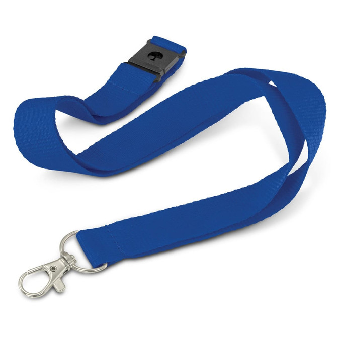 A blue glow-in-the-dark logo lanyard with a metal clip and adjustable buckle.