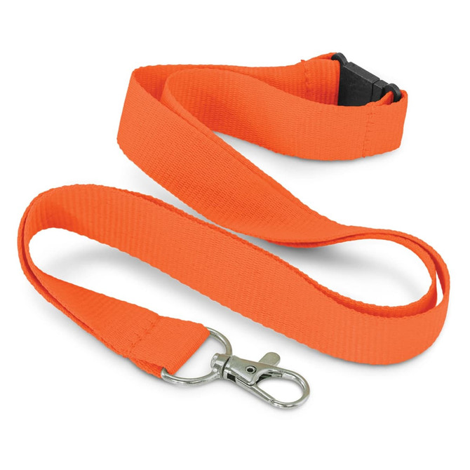 An orange RPET lanyard with a metal clip and a black plastic buckle for attachment.
