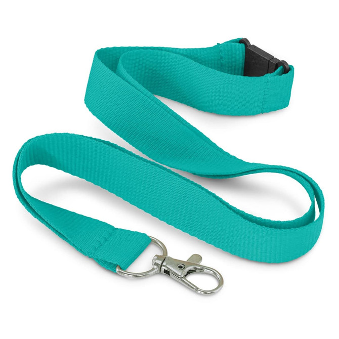 A turquoise RPET lanyard with a metal clasp and a buckle for easy attachment. Features a smooth, flat design.