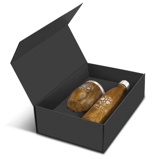 A drink bottle and a cup with a wooden finish, presented in a black gift box.