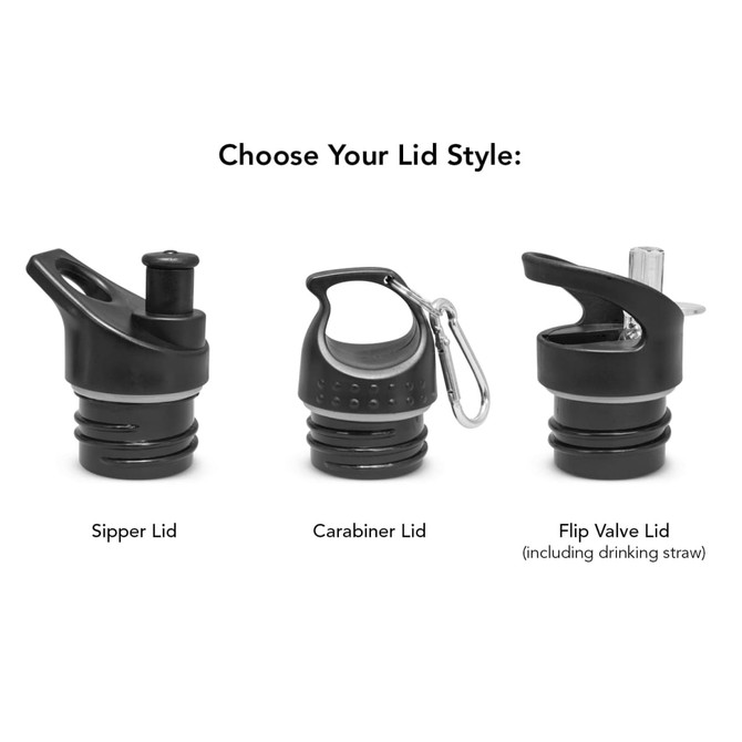A drink bottle with three interchangeable lids: sipper lid, carabiner lid, and flip valve lid. All in black.