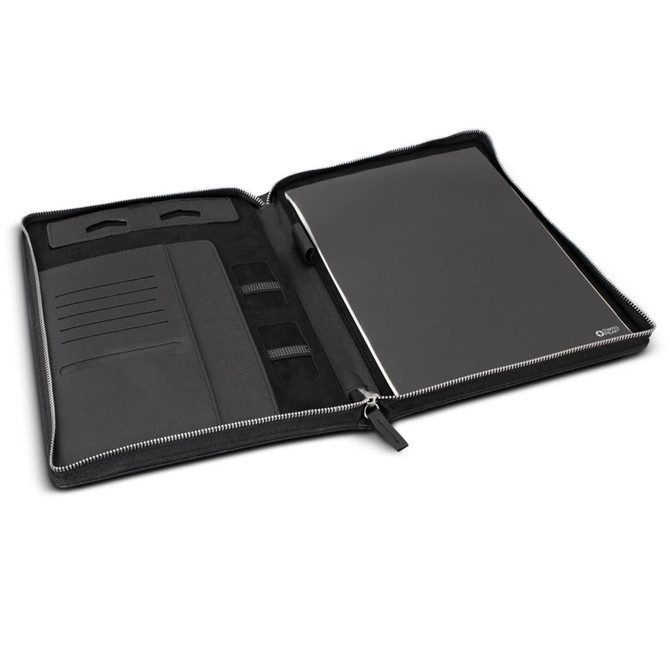 A black A4 portfolio with a zipper, featuring interior pockets and a sleek design for organisation.