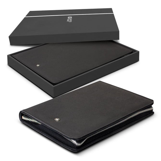 A black A5 portfolio with a zipper in an open black box, featuring a subtle logo.