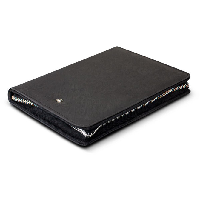 A black A5 portfolio with a zipper, featuring a logo, designed for office and business use.
