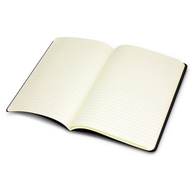 A Moleskine Cahier Journal with a black cover and cream-lined pages, open and empty. It features a simple design and a logo.