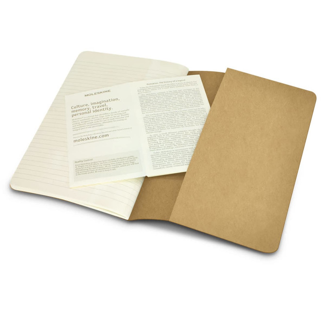 A Moleskine Cahier Journal in cream and brown, featuring lined pages and an inner pocket for storage.