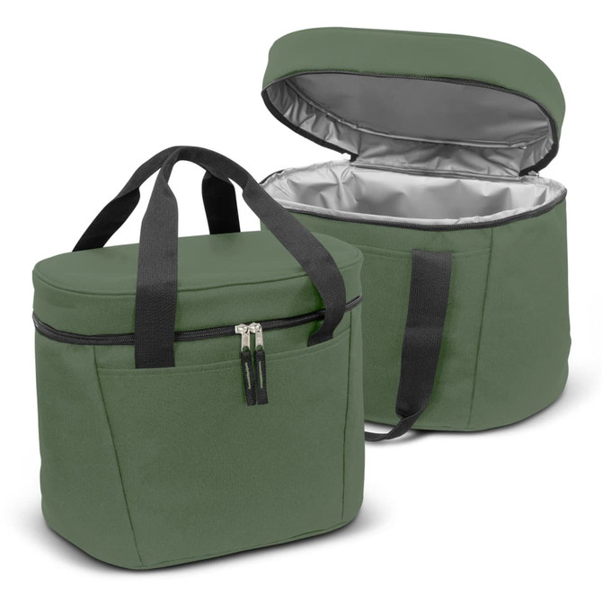 A green insulated cooler bag with a zippered top and black straps, featuring a front pocket and a silver interior.