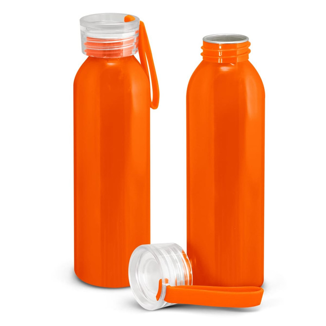 A drink bottle in bright orange with a clear lid and an attached strap, featuring a logo on its surface.