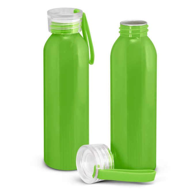 A drink bottle duo in vibrant green with clear lids, featuring a logo on one bottle.