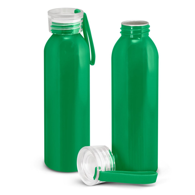 A drink bottle in bright green with a clear screw top and a matching green handle. Features a logo.