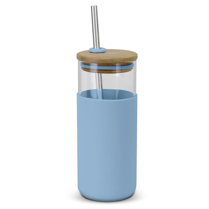 A glass tumbler with a light blue silicone sleeve, bamboo lid, and stainless steel straw.