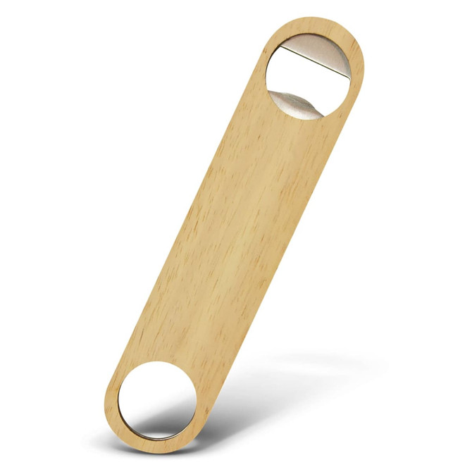 A drink bottle opener made of light wood, featuring two circular openings and a metal tip. Includes a branding logo.