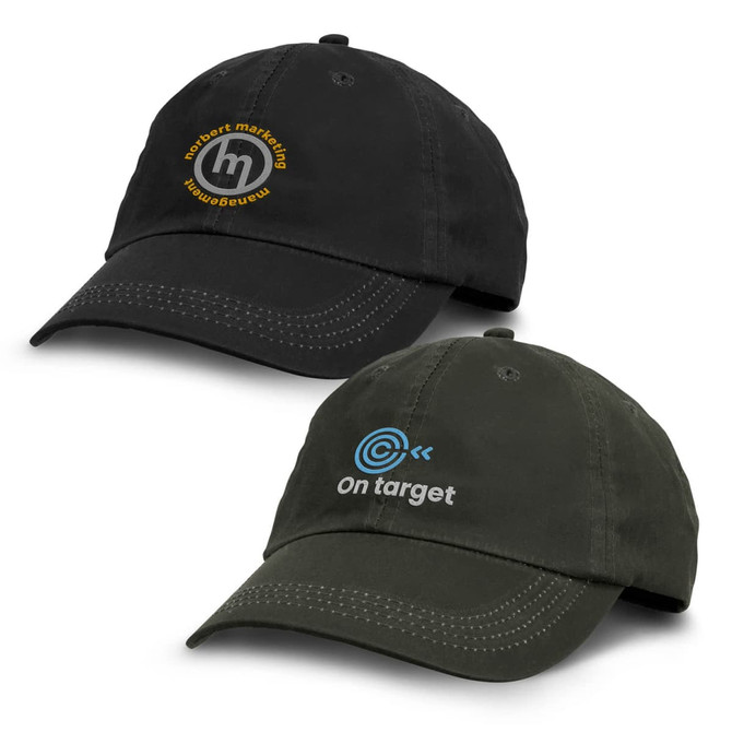 Two oilskin caps displayed; one in black with a logo and one in dark green with a logo.
