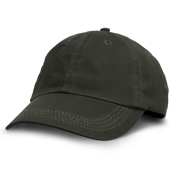 An olive green oilskin cap with stitching details and a curved brim, featuring a logo on the front.