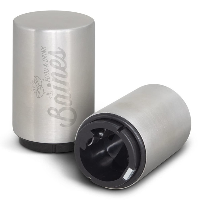 A drink bottle opener with a sleek silver design, featuring a black base and a logo on the side.
