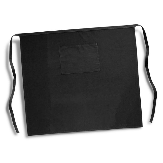 A black full-length waist apron featuring a front pocket and long ties. Includes a logo on the design.