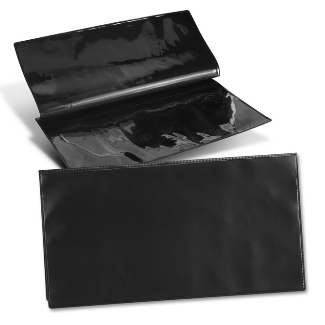 A black vinyl travel wallet opened to display its interior and exterior surfaces. It has a logo on one side.
