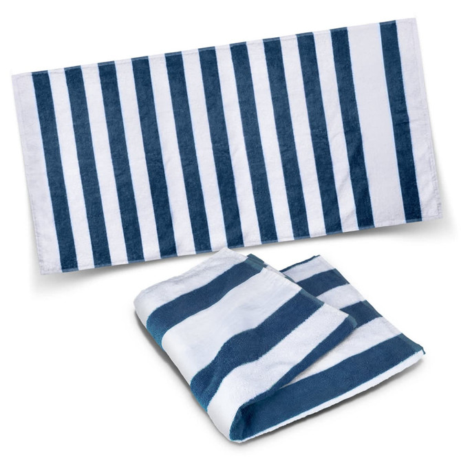 A navy and white striped beach towel, featuring a smooth texture and a folded version at the bottom.