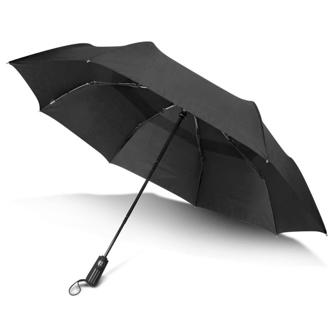 A black director umbrella with a sturdy handle and multiple ribs for stability. It features a sleek design and a logo.