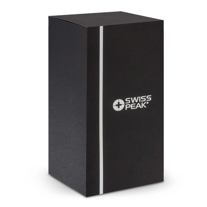 A black packaging box featuring a logo, designed for the Swiss Peak Stealth Vacuum Mug.