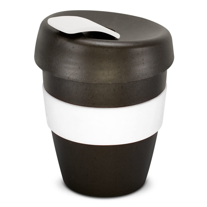 A drink bottle in dark grey with a white band and a white lid, featuring a logo.