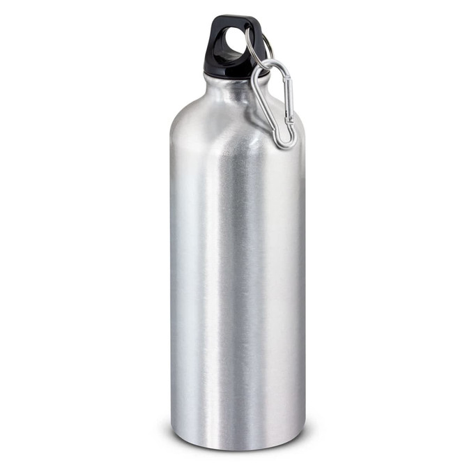 A drink bottle in shiny silver metal with a black lid and carabiner. It has a sleek, minimalist design.