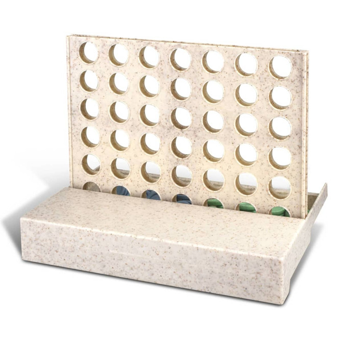 A light-coloured board game with a vertical grid and circular holes for placing game pieces.