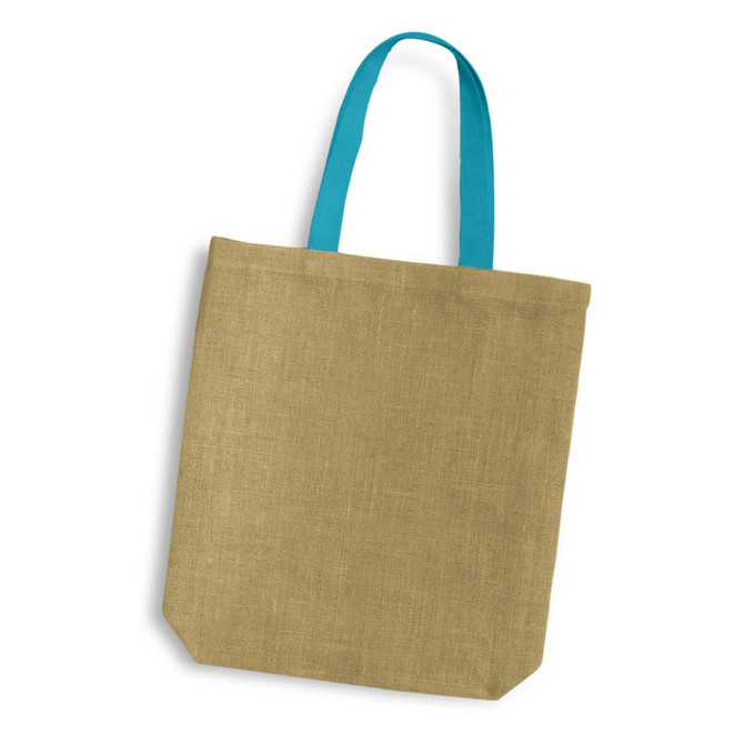 A jute tote bag with a natural brown body and turquoise handles. The bag has a logo.