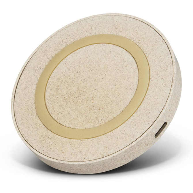 A round, beige wireless charger with a gold accent and a small port on the side, featuring a logo.