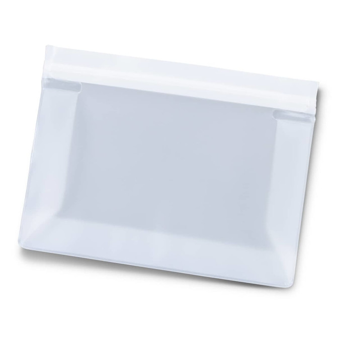 A clear reusable pouch with a zip seal at the top, suitable for various storage needs.
