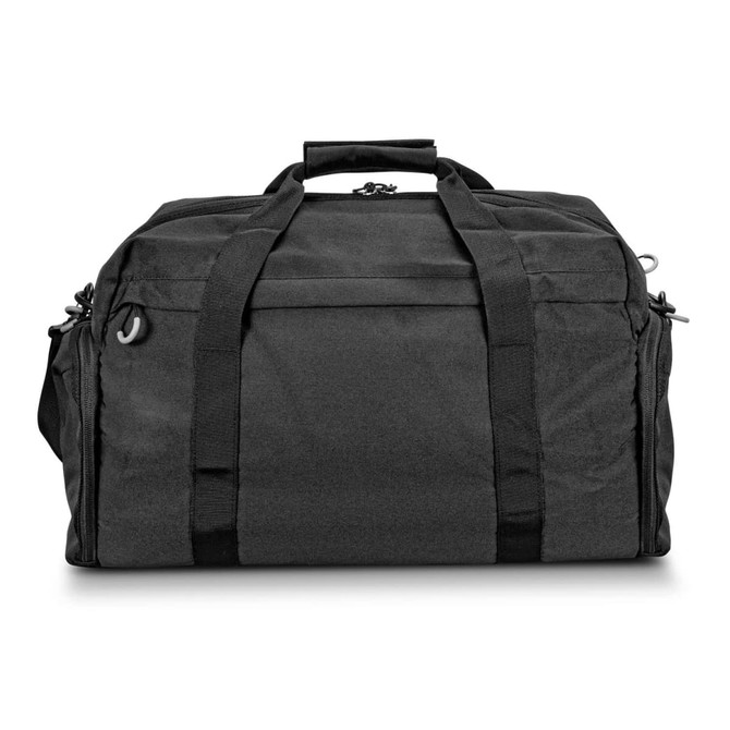 A black duffle bag with dual handles, zippered compartments, and a logo. The fabric is sturdy and durable.