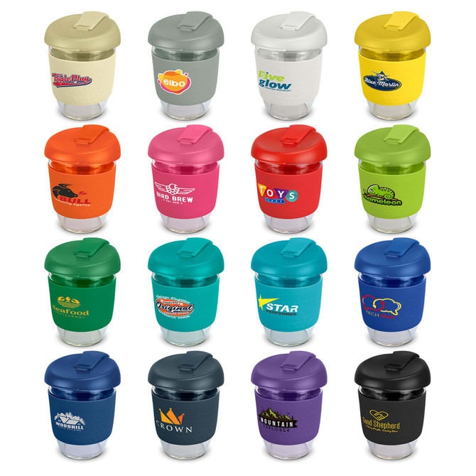 A collection of colourful drink bottles in various shades, featuring different lids and logos, made from borosilicate glass.