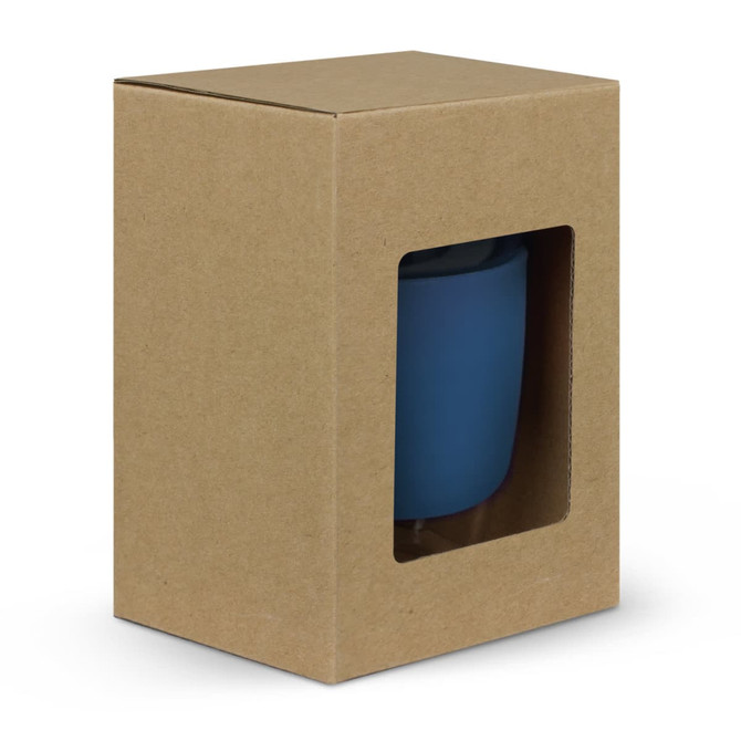 A drink bottle in a blue hue displayed in a cardboard box with a clear window. Contains a logo.
