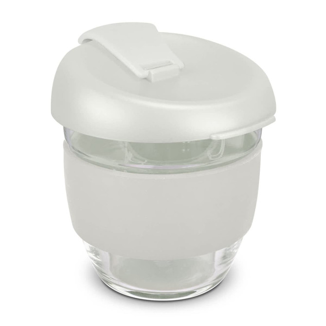 A drink bottle featuring a frosted grey silicone lid and a clear borosilicate glass body. It has a logo on it.